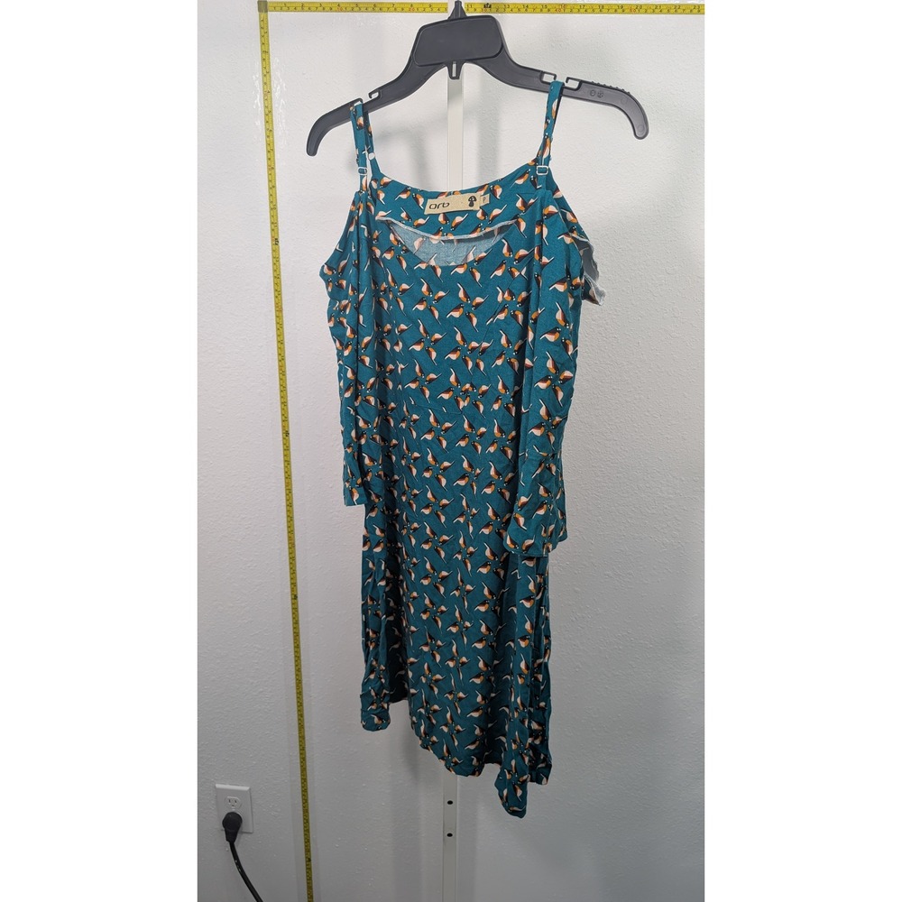 Orb Teal Blue Bird Print Cold Shoulder Mini Dress Petite P Long‎ Sleeve Boho